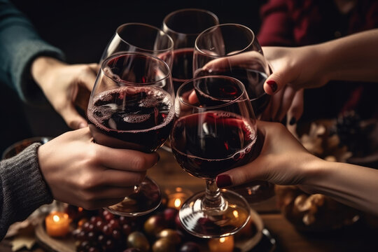 Close up of hands toasting wine at Christmas party, Generative ai