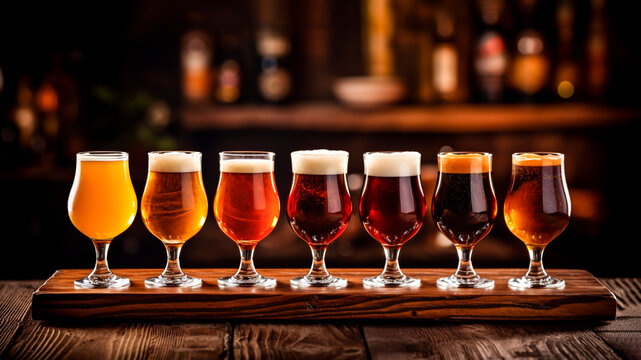 Different types of beer in glasses on a wooden table in the bar. Generative AI.