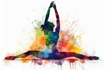 Obraz premium Silhouette of a woman doing yoga with colorful splashes. Generative AI.