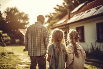 Naklejka premium Back view of family of three looking at house. Generative AI.