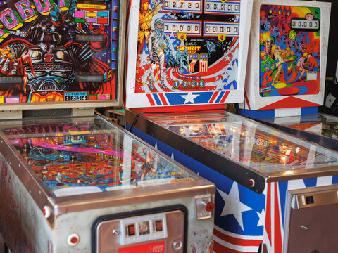 Parma, Italy - march 2023: Vintage 70's Multicolor Pinball Machine