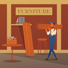 A man carries a piece of furniture in front of a sign that says furniture