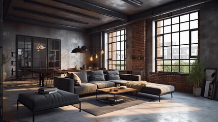 Fototapeta na wymiar Living room industrial style in dark colors.AI Generated