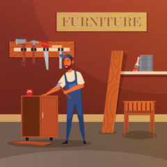 A man working in a workshop with furniture on the wall