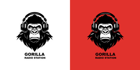 A gorilla wearing headphones vector logotype on red and white background. Logo mark.