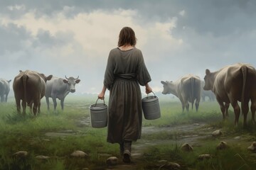 Milkmaid woman bucket cows. Generate Ai