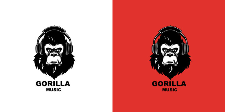 A gorilla wearing headphones vector logotype on red and white background. Logo mark.