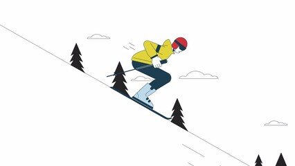 Skiing downhill animation. Animated freeskier holding ski sticks 2D cartoon flat colour line character. Skiing resort 4K video concept footage on white with alpha channel transparency for web design