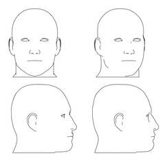 Set with contours of male head isolated on white background. Front view, side view. Vector illustration.