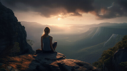 Obraz premium Woman's back view of the scenery on the hill,丘の上で景色を眺める女性の後ろ姿, Generative AI