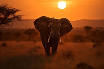 Ai generated illustration of elephant on sunset