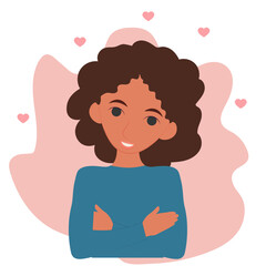 The girl hugs herself. Love yourself and accept yourself. vector flat illustration