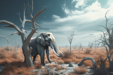 Obraz premium Elephant in destroyed forest, Environmental concept, Generative ai