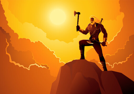 Viking warrior holding two axes on top of a hill with dramatic cloudscape background