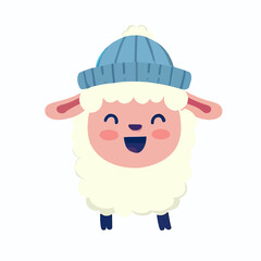 Cool cute little happy sheep with beanie - vector graphic art