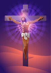 Jesus on the cross decorated with beautiful Alpha and Omega symbol