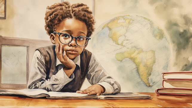 African American Child 5 Years Old Sitting At A Desk At School,