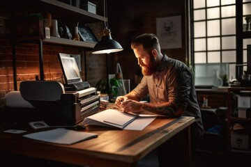 Fototapeta premium Professional photographer using an ink photo printer in a well-lit studio, emphasizing the printer's role in professional photography workflows. Generative Ai