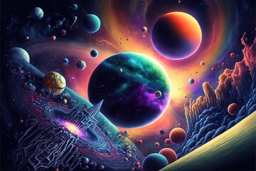 Fototapeta na wymiar amazing sci fi illustration of outer space Space station stars planets nebulas astronaut abstract psychedelic art