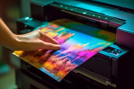 Hand holding a freshly printed photograph with vibrant colors, showcasing the high-quality output of an ink photo printer. Generative Ai