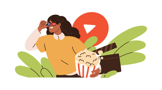Cinema concept. Happy woman watching film with 3d glasses and popcorn bucket. Excited girl, movie buff looking premiere with joyful emotion. Flat vector illustration isolated on white background