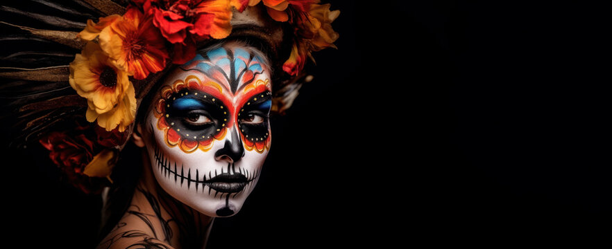 Portrait of a woman as la Catrina with bright art painted makeup adorned with floral decorations on head, prepared for festival La Muerte or Halloween party. AI generative