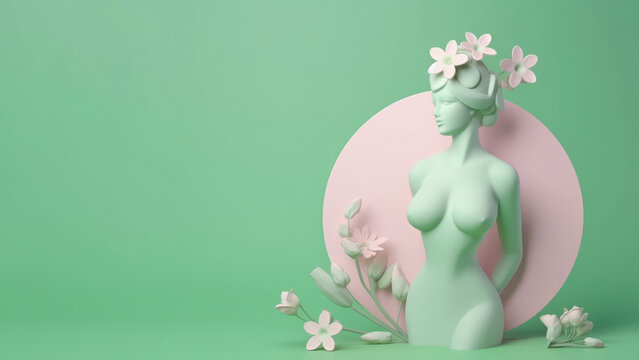 Female sculpture with spring flowers in 3d style. Concept of women's health and beauty. AI Generated.