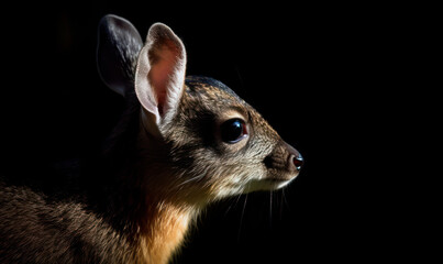 closeup photo of musk deer on black background. Generative AI - obrazy, fototapety, plakaty