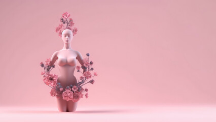 Female sculpture with spring flowers in 3d style. Concept of women's health and beauty. AI Generated. - obrazy, fototapety, plakaty
