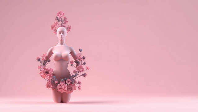 Female sculpture with spring flowers in 3d style. Concept of women's health and beauty. AI Generated.