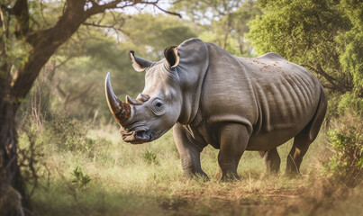 Obraz premium photo of northern white rhinoceros in its natural habitat. Generative AI