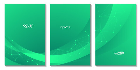 set of flyers with abstract green colorful geometric background with triangle shape pattern and molecular
