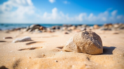 Fototapeta na wymiar A seashell on a beach with a blue sky in the background