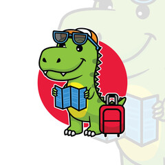cute dinosaur wearing glasses with travel bag and road map cartoon design