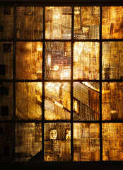 Fenster aus Glasbausteinen abends von innen beleuchtet