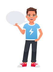 A little boy holds a gray empty oval speech bubble in his hand. The concept of children's opinion. Boyish questions. Vector illustration