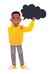 A black African boy holds a black empty cloudy speech bubble in one hand and points at it with the other hand. The concept of children's opinion. Boyish questions. Vector illustration