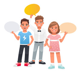 Two boys and a girl are holding empty speech bubbles in their hands. The concept of children's opinion. Boys' and women's questions. Vector illustration