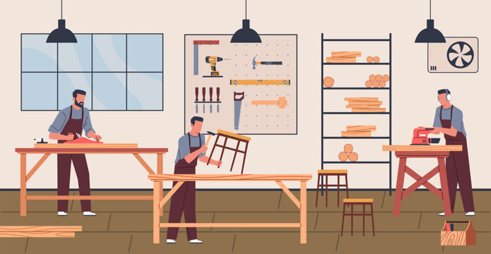 Furniture assembly. Flat craftsmen make wood products in workshop, professional carpenters made chairs and stools, people sawing and drilling, cartoon isolated nowaday vector concept