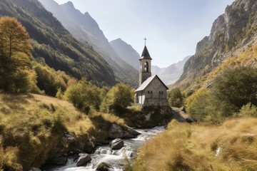 chapel surrounded by towering mountains, with a stream running through the valley below, created with generative ai