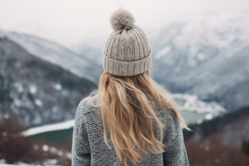 A woman seen from behind in winter landscape, generative ai