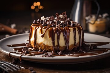 beautiful presentation of cheesecake with drizzle of warm chocolate sauce and sprinkle of mini chocolate chips, created with generative ai - obrazy, fototapety, plakaty