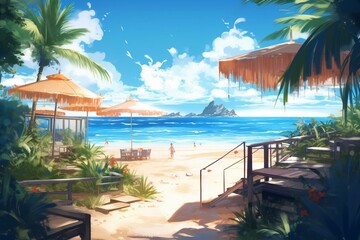 Obraz na płótnie Canvas Anime beach painting with palms, sunshine, and tech. Generative AI