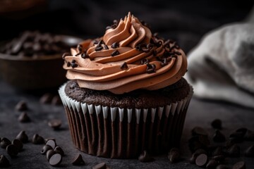 close-up of frosted chocolate cupcake with swirls and mini chocolate chips, created with generative ai