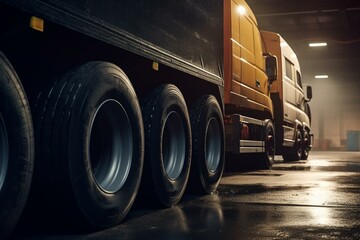 Fototapeta na wymiar Parking warehouse trucks. Big rig wheels tires. Service shop, shipping, lorry tractor, freight logistics cargo transport. Generative AI