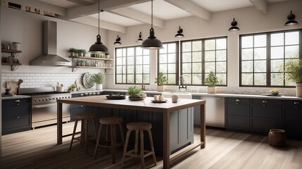 Fototapeta na wymiar bright, spacious and modern farmhouse style kitchen