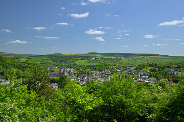 Fototapeta na wymiar Panoramablick über die Stadt Echternach im Mullerthal in Luxemburg in einer Frühlingshaften Stimmung mit dem frischen Laub der Bäume.