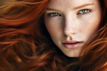 Close-Up Portrait of Red-Haired Beauty with Freckles, Fashionably Cute

