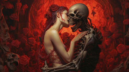 If Love Was a Sin: Passionate Embrace Between Woman and Skeleton. Generative AI - obrazy, fototapety, plakaty