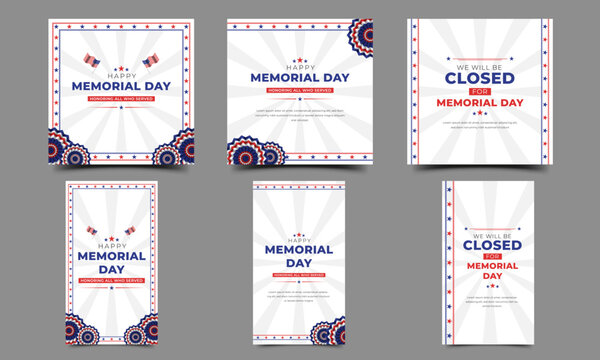 Set of Memorial day social media post and story template design. Usable for Social media post, story, greeting, and web